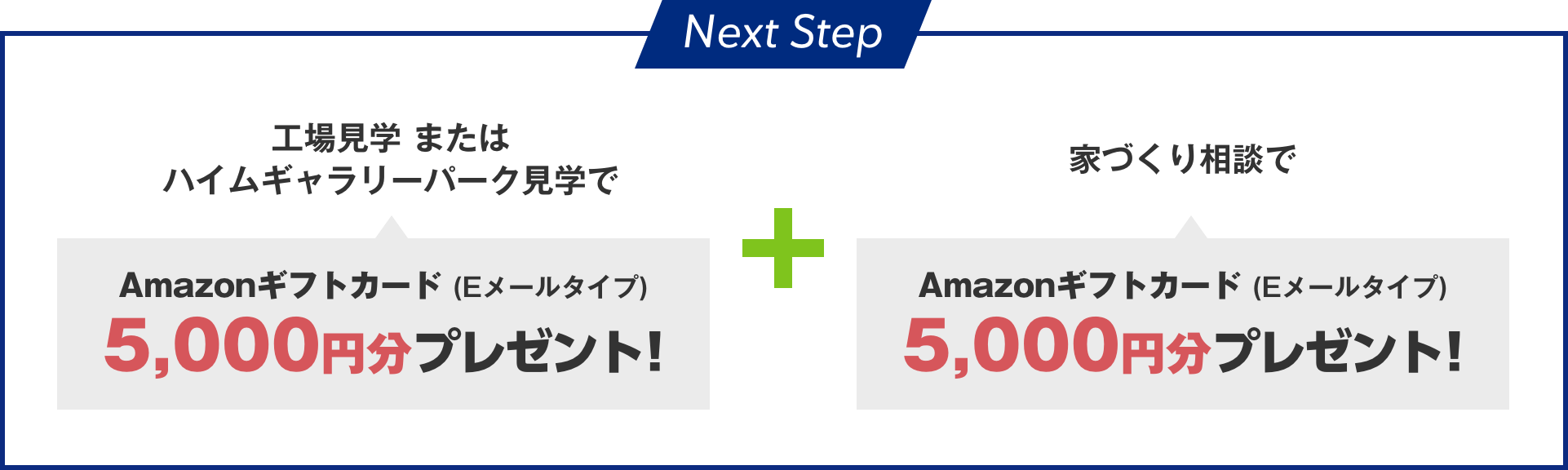 工場見学またはハイムギャラリーパーク見学でアマゾンギフトカード（Eメールタイプ）5,000円分プレゼント！＋家づくり相談でAmazonギフトカード（Eメールタイプ）5,000円分プレゼント！
