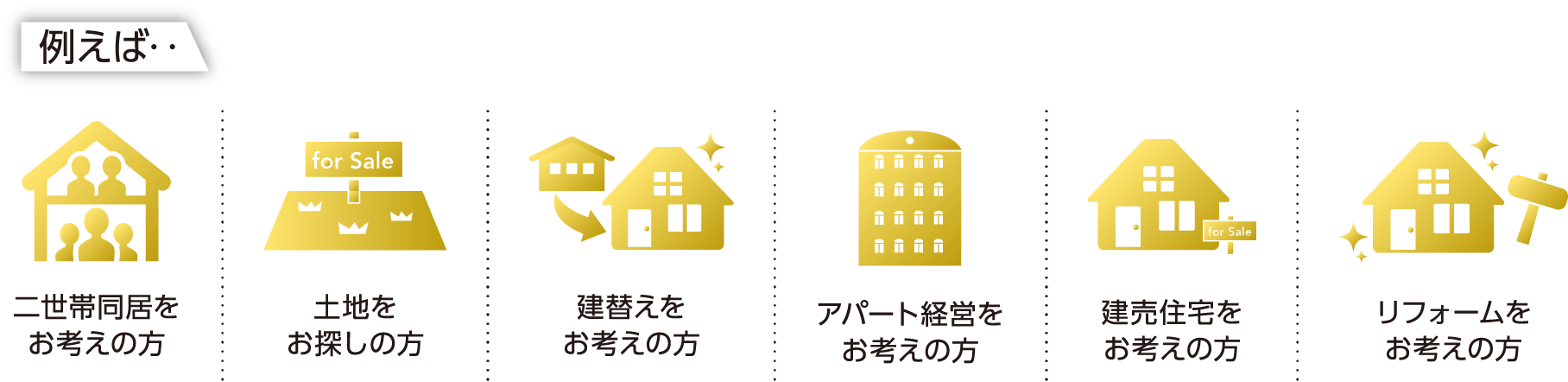 例えぱ.. 二世帯同居をお考えの方 土地をお探しの方 建替えをお考えの方 アパート経営をお考えの方 建売住宅をお考えの方 リフォームをお考えの方